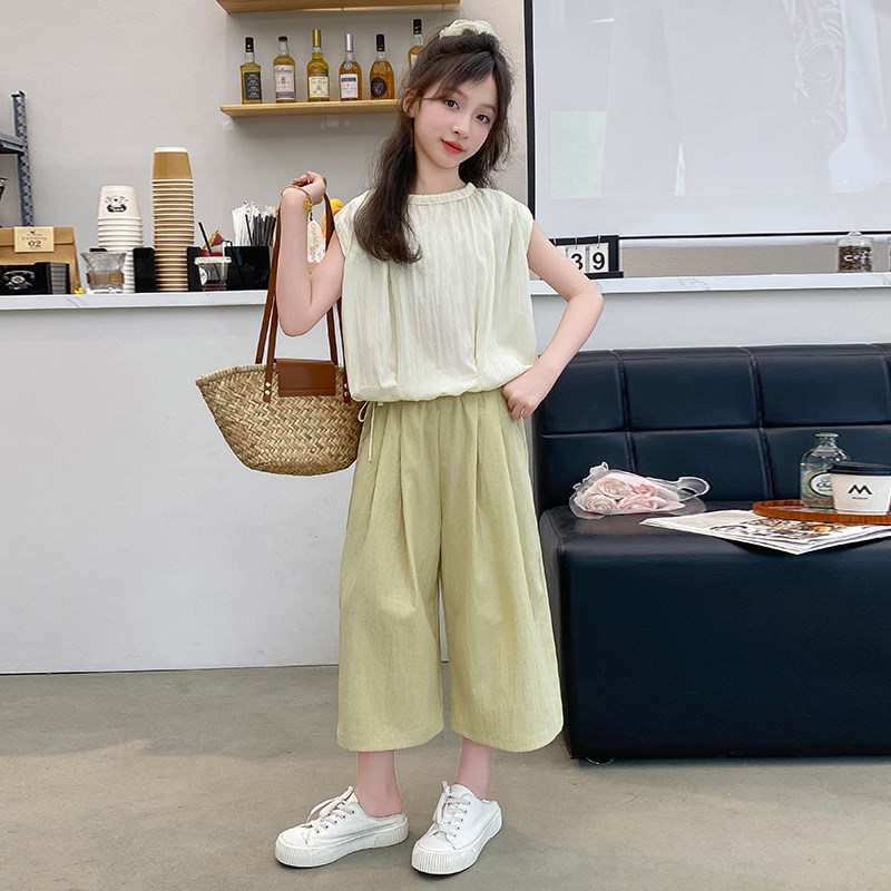 女童夏装套装2024新款夏季儿童阔腿裤薄款外穿女孩大童装七分裤子