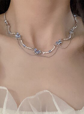 时尚轻奢高级感蓝钻蝴蝶爱心流苏项链女小众设计T冷淡风锁骨链项