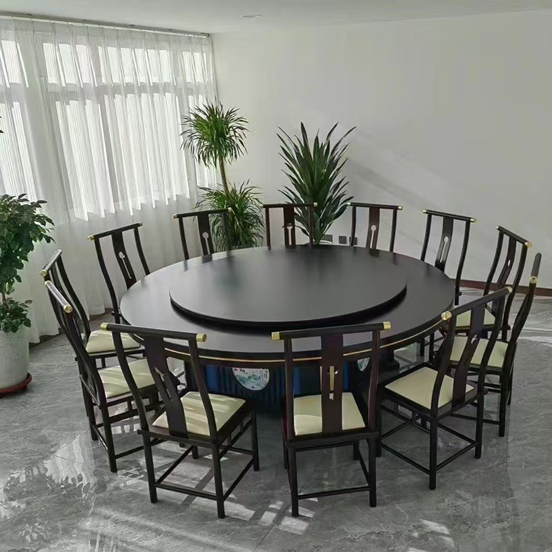 酒店饭店餐厅商用新中式电动餐桌大圆桌带转盘火锅桌20人包厢圆桌