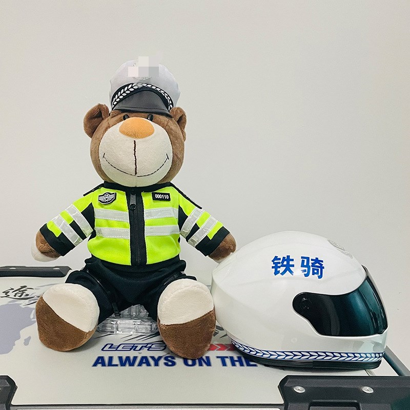 交警熊制服摩托车公仔头盔铁骑摩旅装饰车尾箱挂件小玩偶毛绒娃娃