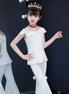 2023新款儿童走秀西装潮服白色个性女童模特秀时装秀套装演出服