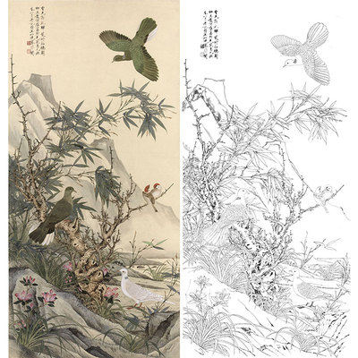 工笔画白描底稿于非闇花鸟雁荡山竹子勾线H实物打印稿尺寸可选YF8