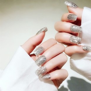 Water Decorated Ripple Nail Tips Fake Rhinestone 速发Luxury