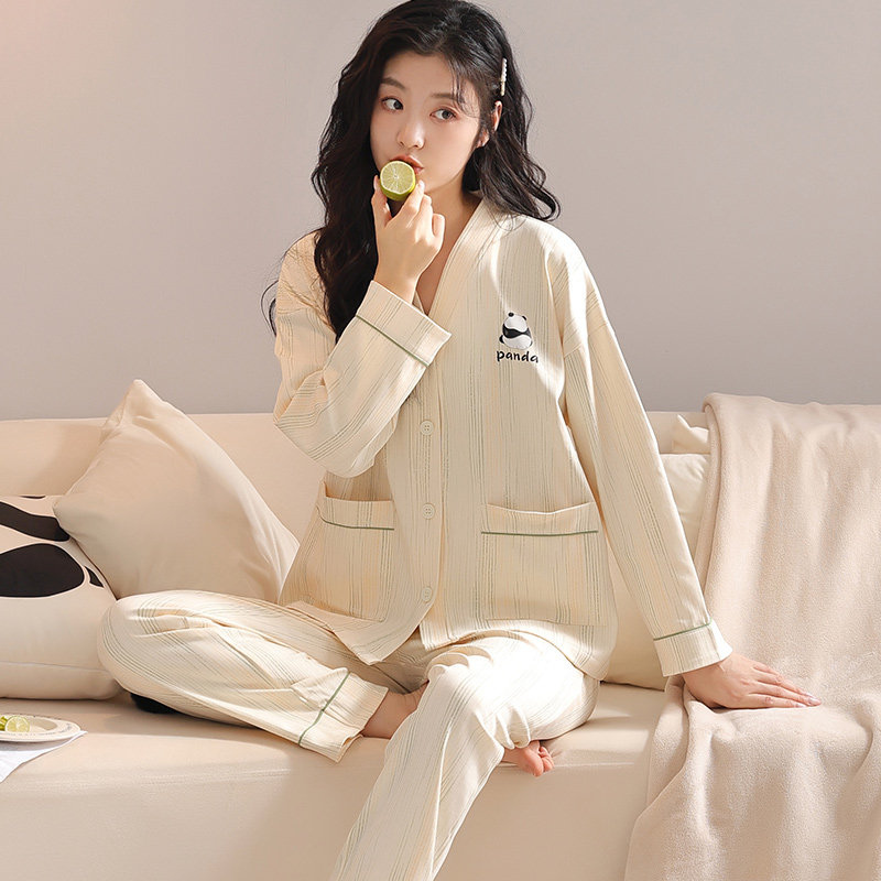 睡衣女春秋款长袖长裤夏天薄款简约和服女士可外穿家居服套装