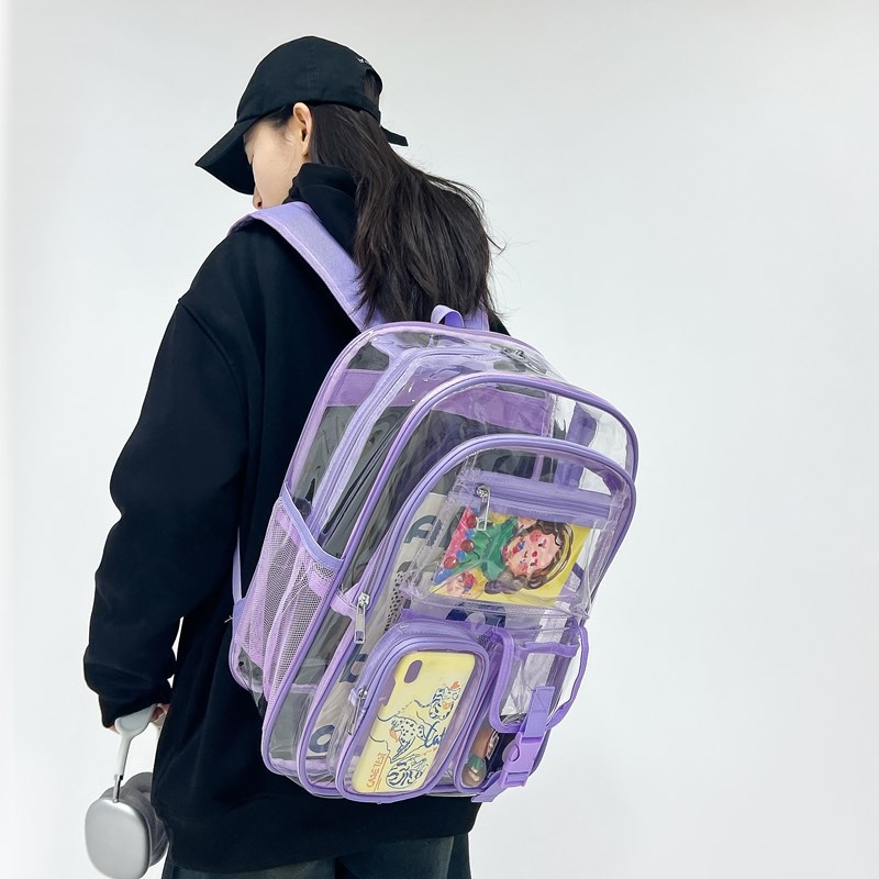 双肩包女2024新款时尚轻便透明糖果色大学生上课包pvc情侣书包女