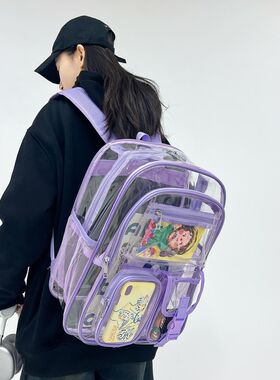 双肩包女2024新款时尚轻便透明糖果色大学生上课包pvc情侣书包女