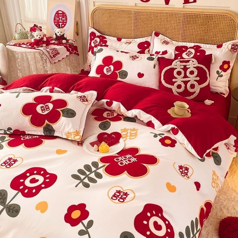 加厚斜纹磨毛四件套床单被套结婚大红色婚庆床上用品套件,床上用品,婚庆床品套件,淘宝优惠券,粉丝福利购,淘宝优惠卷
