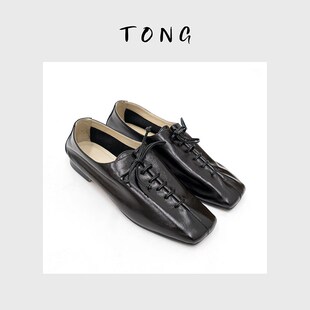 周浪清方头复古绑带皮鞋女软皮平底系带百搭单鞋2023秋季新款潮