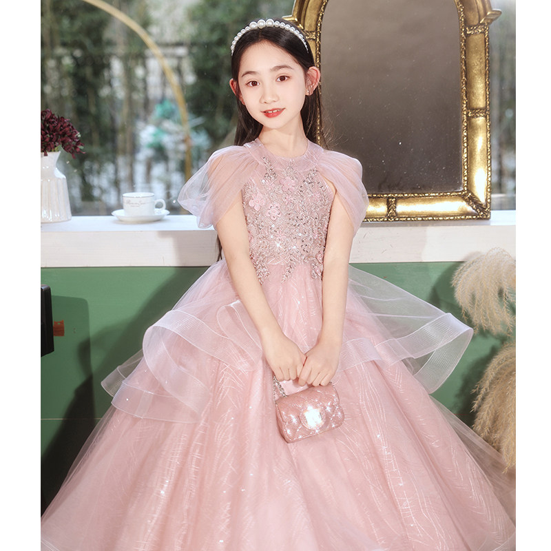 热销粉色女童生日礼服公主裙高端儿童婚纱蓬蓬大童花童钢琴演奏演