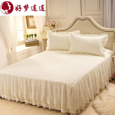 刺绣蕾丝床裙床罩纯棉加厚双人席梦思罩三层奶白色床笠床单单件
