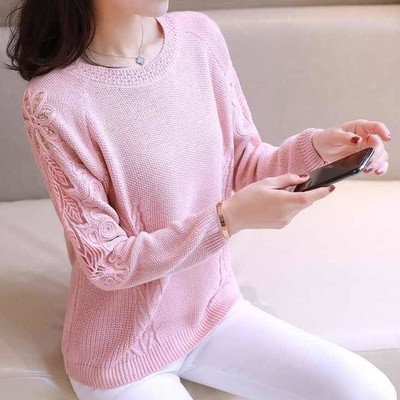春新装长袖镂e空毛衣女圆领绣花蕾丝针织打底衫宽松百搭洋气冰丝