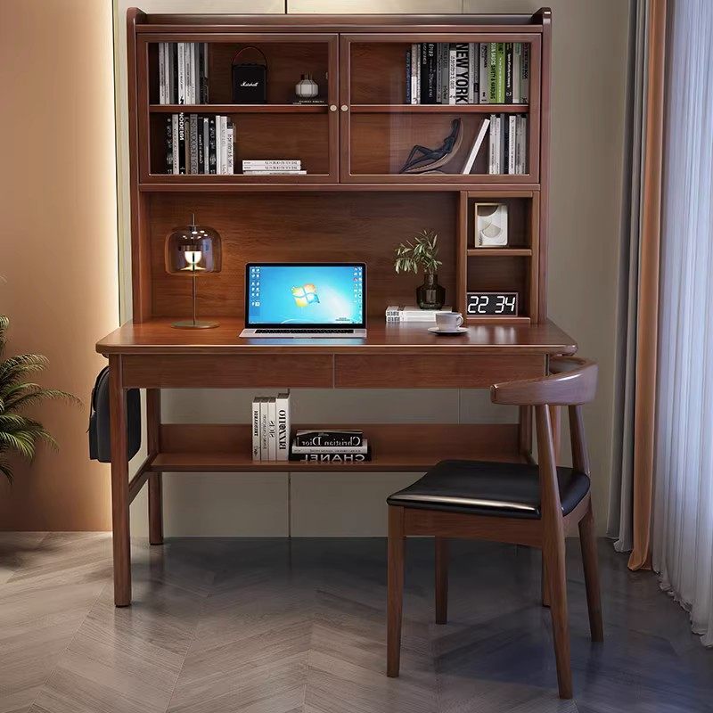 百思宜全实木书桌学生家用写字桌椅套装学习桌电脑V桌书架书柜一