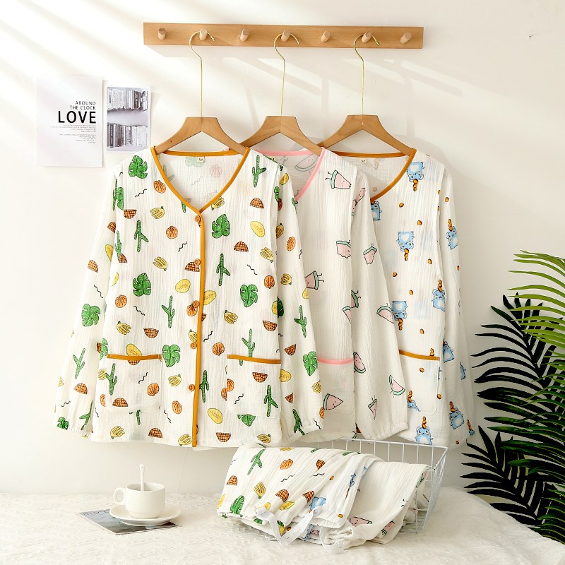 纯棉纱布月子服可爱春秋季夏天薄款孕期产后哺乳女睡衣家居服套装