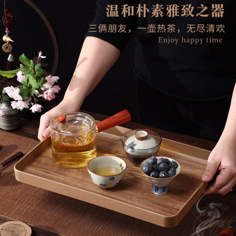 长方形柚木纹托盘中式客厅家用盘子密胺放水托杯日式深盘塑料茶盘
