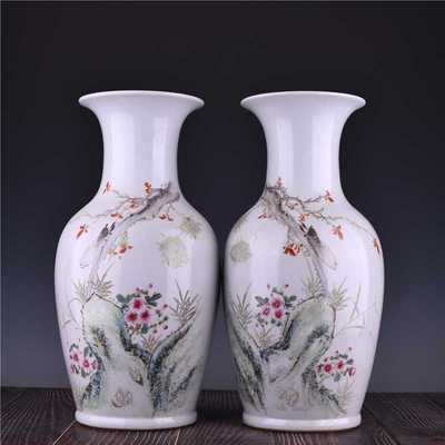 民国八友绘浅绛彩瓷高42*21公分一鸣惊人纹嫁妆对瓶摆件一对