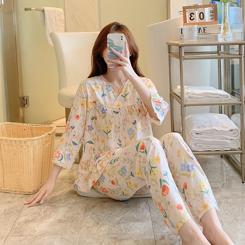 睡衣女款春秋夏季超薄款棉绸睡衣夏季凉快套装家居服空调服日系