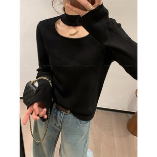 新款 爱情魔鬼鱼 女2024冬季 镂空挂脖针织衫 内搭打底上衣 黑色长袖