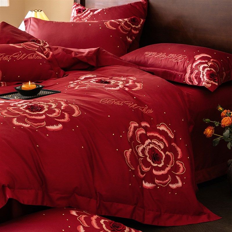 高级婚庆床上四件套全棉100支立体花朵刺绣红色结婚被套床单,床上用品,婚庆床品套件,淘宝优惠券,粉丝福利购,淘宝优惠卷