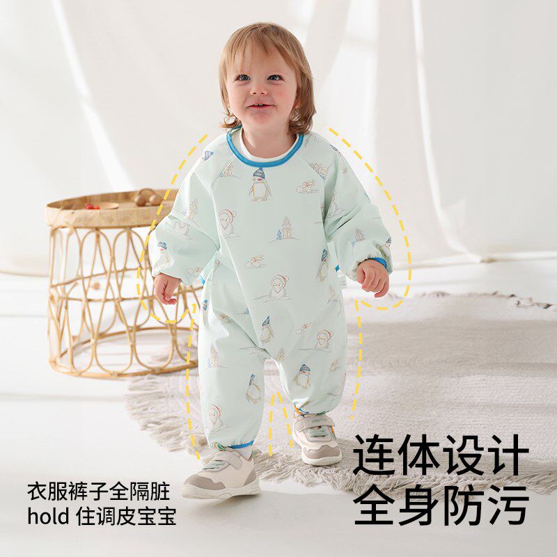 贝肽斯宝宝连体罩衣吃饭防水防脏婴儿爬行辅食围兜儿童围裙爬爬服