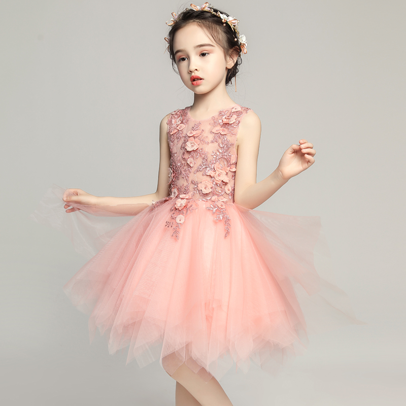 女童晚礼服公主裙小花童蓬蓬裙儿童主持人粉色婚纱钢琴演出服秋冬