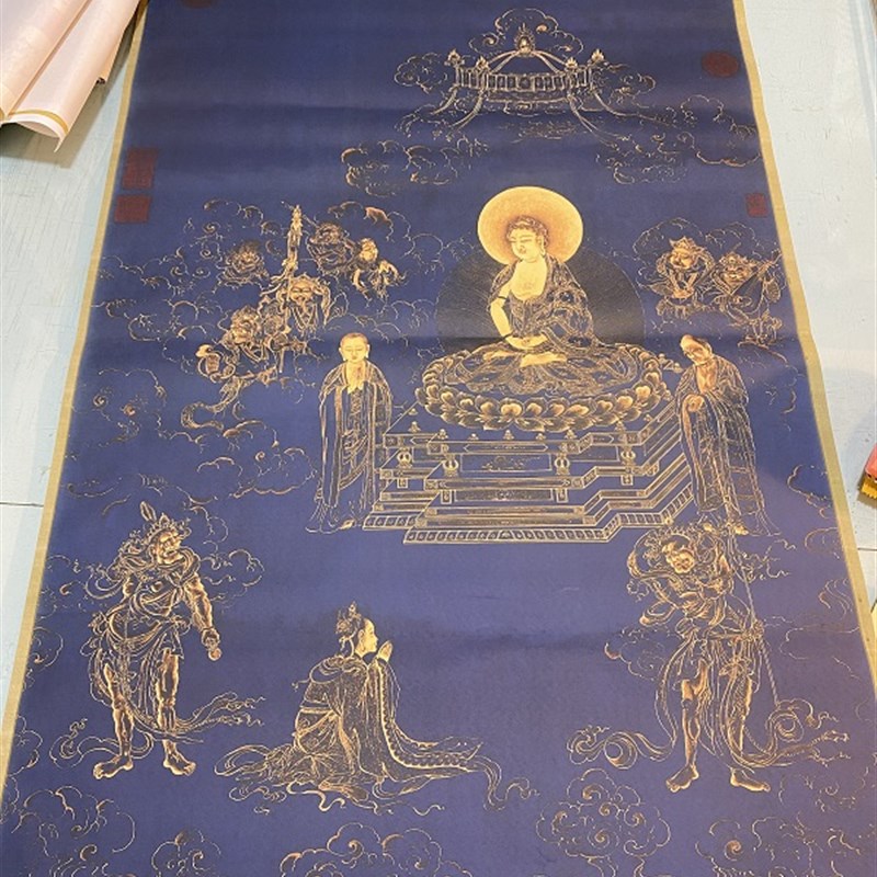 清 丁观鹏 无量寿佛 黑金 真迹微喷复制装饰画古代名家工笔佛像