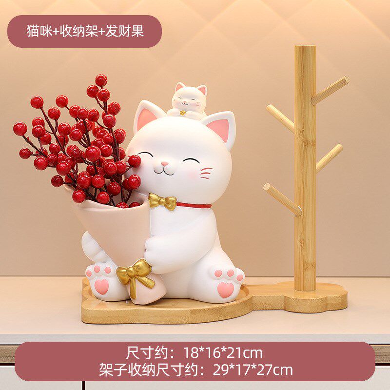 新款可爱创意樱花猫n捧花收纳摆件玄关客厅卧室办工桌装饰摆件