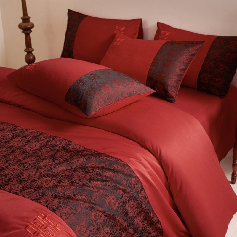 简约印花100支结婚四件套2024新款红色被套婚庆床单婚X嫁床上用品,床上用品,婚庆床品套件,淘宝优惠券,粉丝福利购,淘宝优惠卷