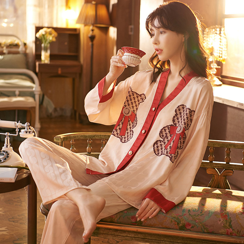 睡衣女夏季冰丝长袖春秋女款套装夏天大码2023新款夏款女士家居服