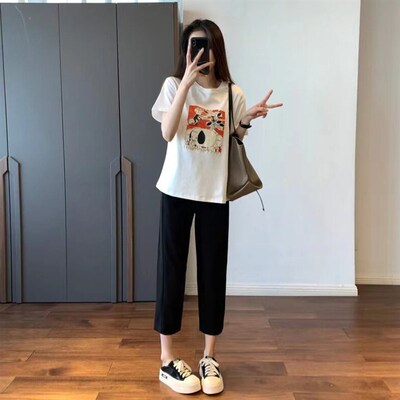 哺乳衣套装外出夏季辣妈款时尚印花喂奶上衣产后小个子哺乳两件套