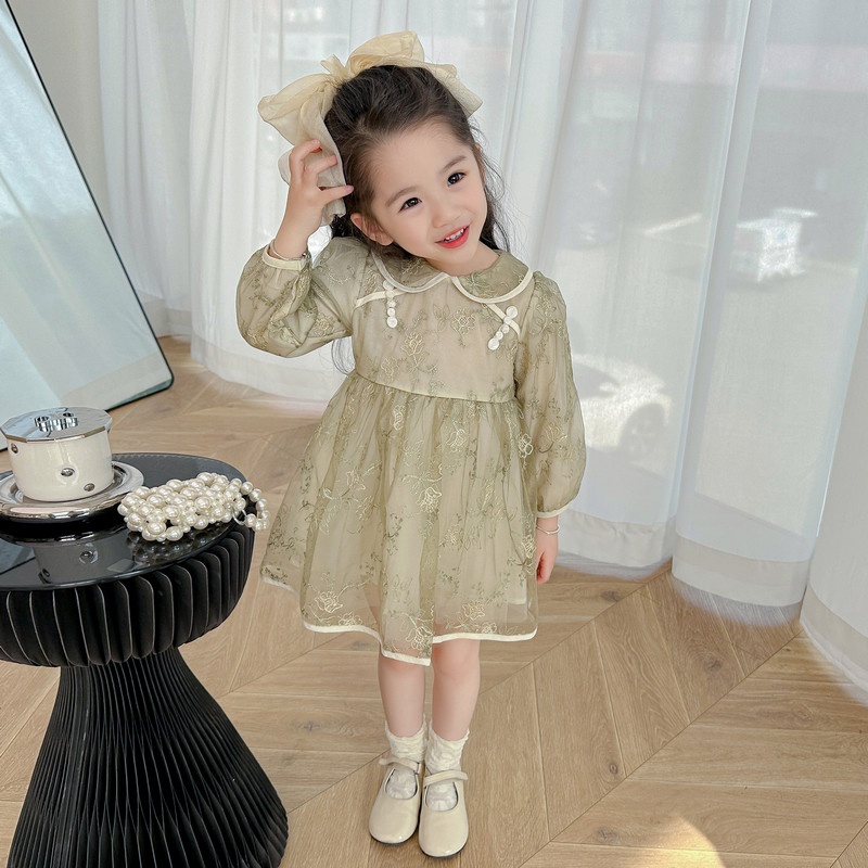 儿童盘扣蕾丝连衣裙2024新款女小童裙子国潮风女童纯色公主裙春装