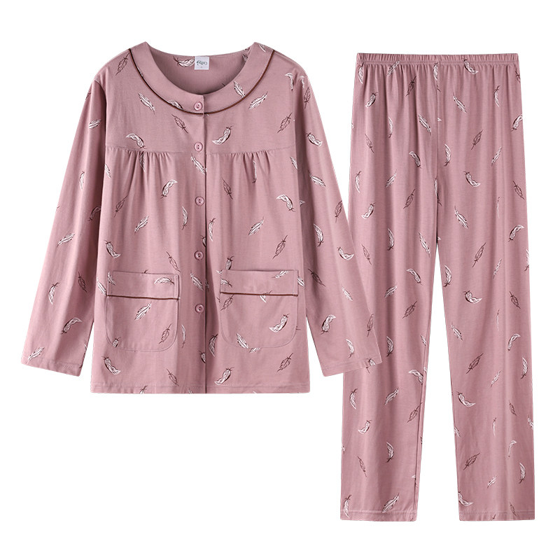 中老年人睡衣女春秋季纯棉长袖薄睡衣/家居服套装