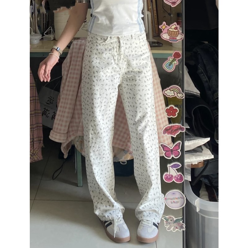 复古米白色碎花宽松阔腿牛仔裤女春夏季薄款高腰显瘦宽松直筒长裤