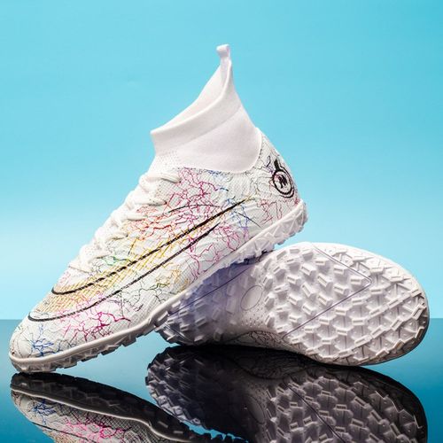 跨境高帮足球鞋男女大童碎钉TF人造草坪AG长钉青T少年皮比赛训练