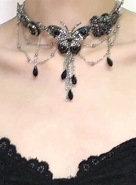 新品尼古拉蝴蝶水晶流苏项链女轻奢甜酷辣妹多层纽扣小众choker锁
