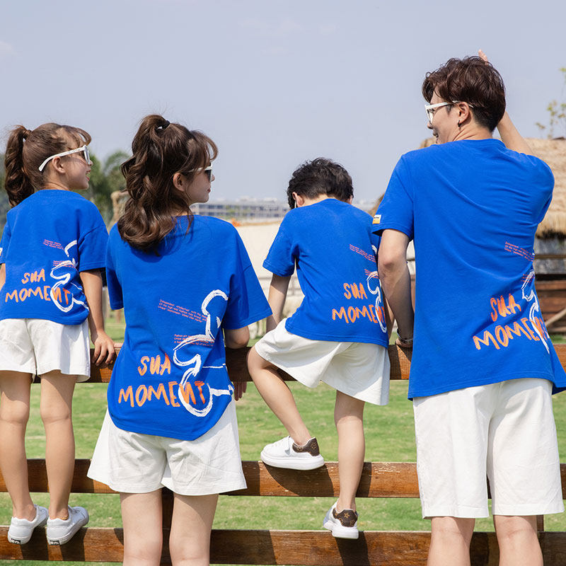 热销高端不一样的亲子装夏装网红克莱因蓝t恤短袖洋气一家三四口