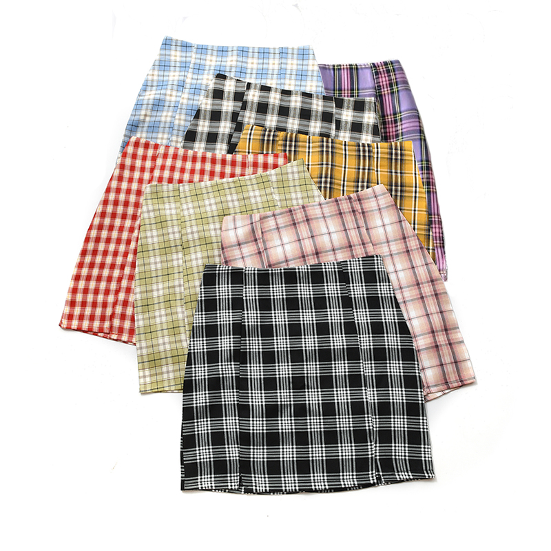 网红Women Plaid Skirt Sreetwear Slim A-line Skirt High Waist