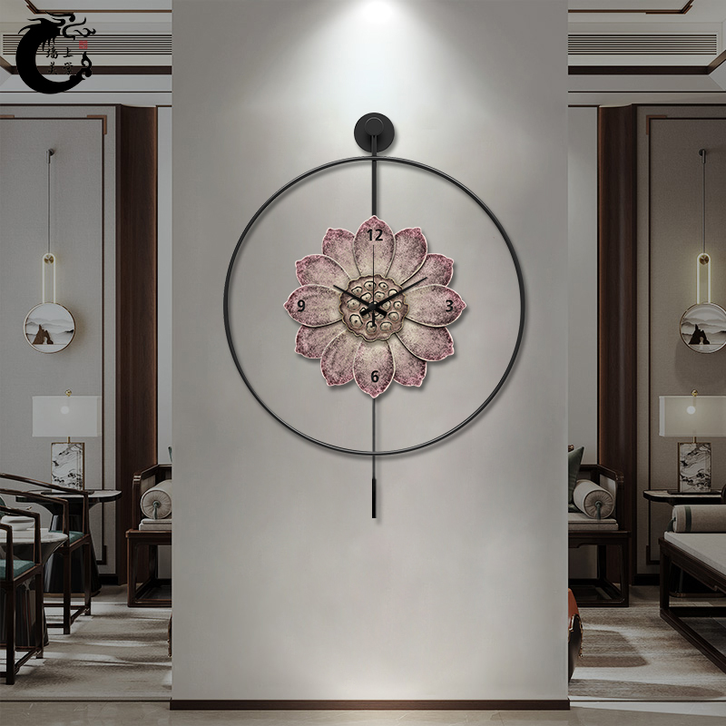 新中式餐厅挂钟装饰画高档荷花玄关挂画创意客厅挂墙静音时钟画图片