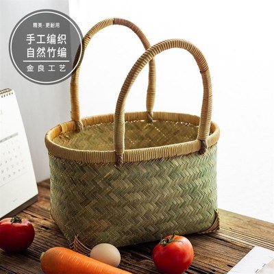 菜篮子竹编手提买菜竹提篮手编竹篮带提手厨房竹篮外出购物篮耐用