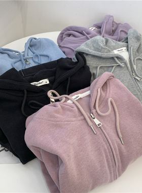 米妮绒下摆贴标拉链连帽卫衣女2021秋冬韩版浅紫色纯色外套开衫女