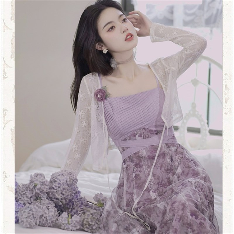 工厂销今年流行紫色连p衣裙套装女夏仙女茶歇裙温柔风蕾丝吊带开