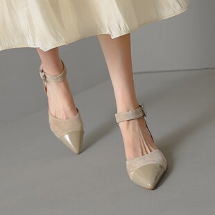 夏季 女中粗跟包头凉鞋 外穿 淑女显瘦尖头浅口单鞋 鹿与奈良真皮法式
