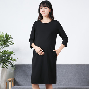 孕妇黑色工作服2021韩版新款潮妈夏季纯棉时尚短袖正装职业连衣裙