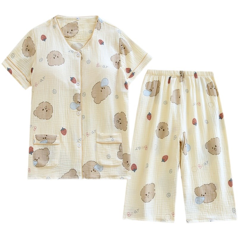 女士带胸垫款短袖七分裤睡衣套装纯棉纱布夏季薄款可外穿家居服
