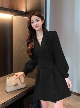 西装领长袖连衣裙女2024春秋装新款小个子韩O版设计感风衣短裙子