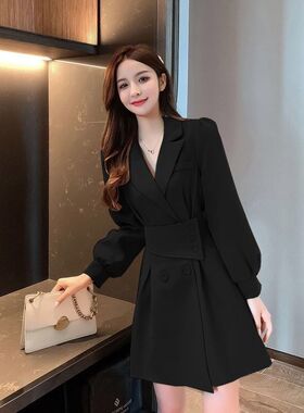 西装领长袖连衣裙女2024春秋装新款小个子韩O版设计感风衣短裙子