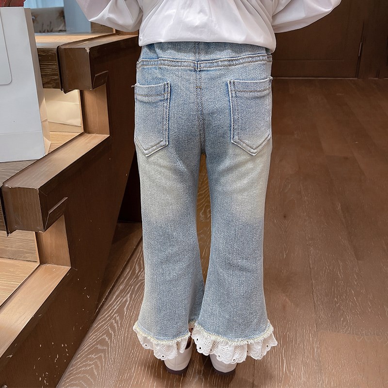 女童牛仔裤春秋款2024新款儿童春装裤子女宝宝时髦洋气花边喇叭裤