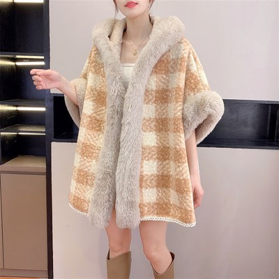 小个子穿搭秋冬i加绒加厚连帽百搭网红披肩斗篷女毛呢外套宽松外