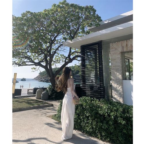 JMSHOP 轻氧松弛 白色x挂脖吊带上衣女天丝裤子宽松休闲裤套装