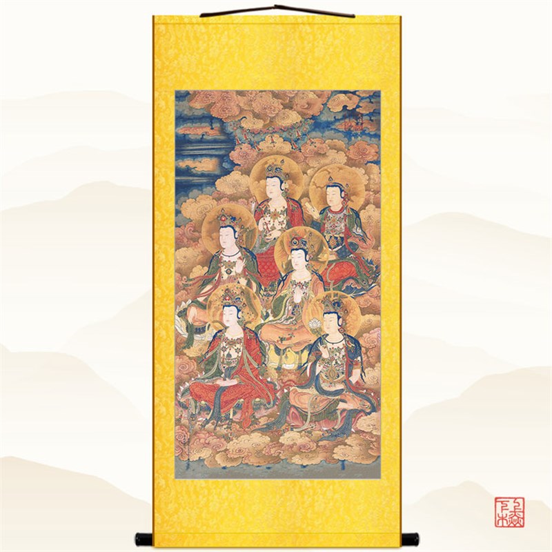 明清古画版 十地菩萨佛画像 复古绢布卷轴挂画丝绸装饰画来图定制