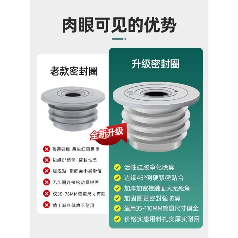 厨房下水管密封塞洗衣机排水管道5075封口盖硅胶圈防返臭堵口神器